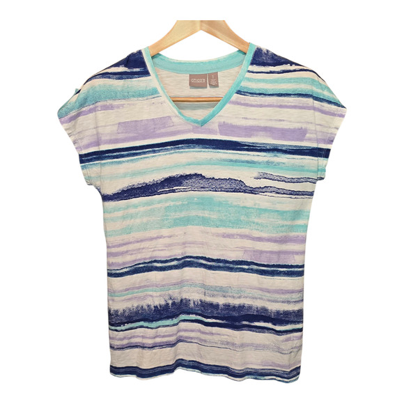 Chicos Top Womens Size Medium 1 Multicolor Stripe Short Sleeve Artsy Coastal - Picture 1 of 9
